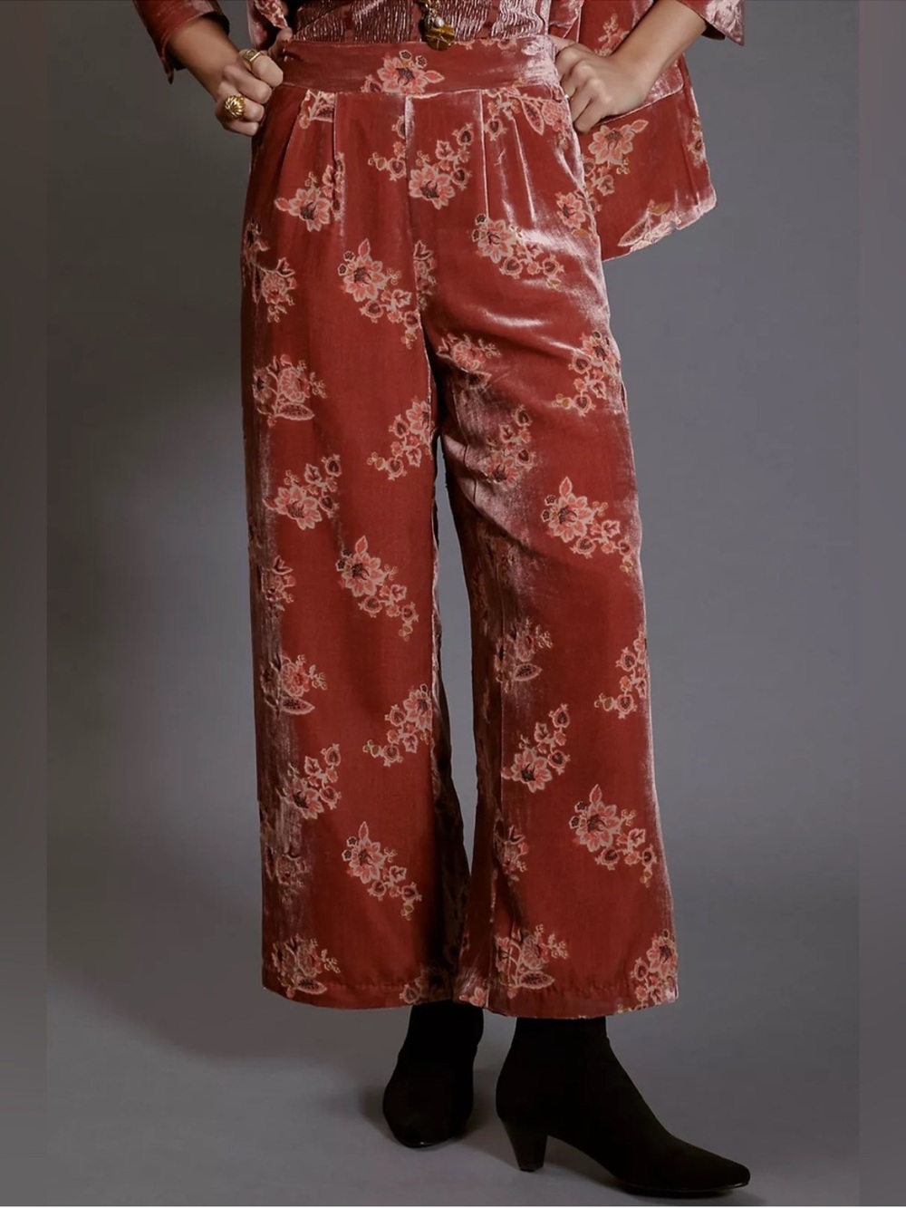 Anthropologie Hutch Floral Burnout Velvet Pants Wide Leg High Rise Red Size XS